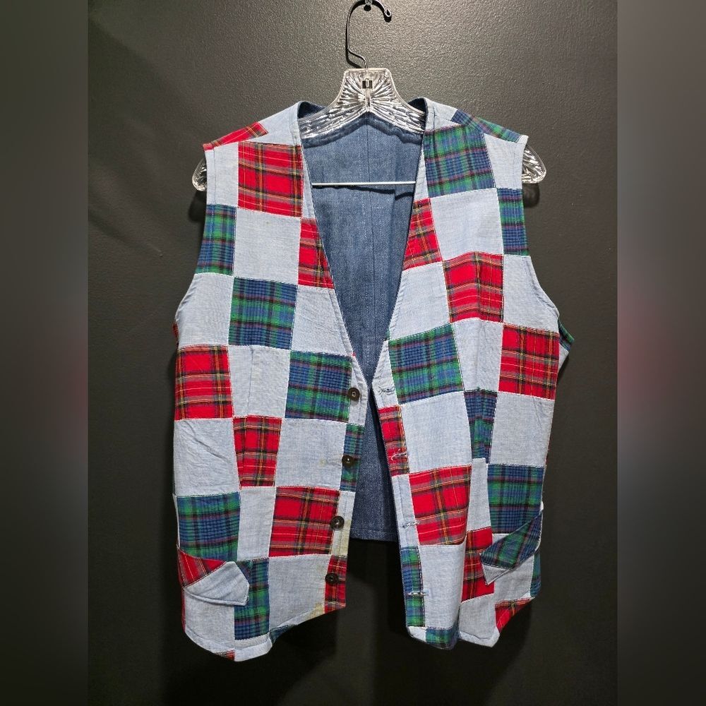 VTG Chambray Patchwork 4 Button Multicolor Plaid … - image 1